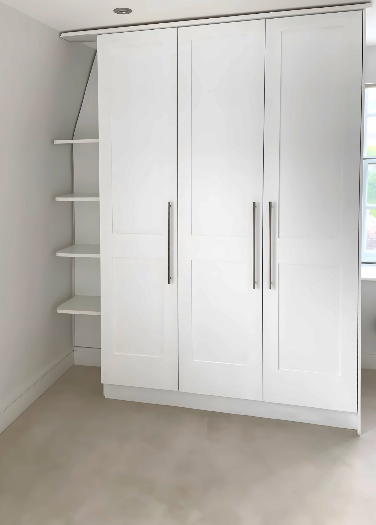 White three-door shaker wardrobe with open shelving to the side under a sloping ceiling